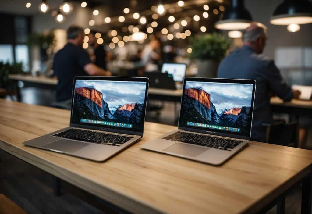 A small business owner selects a MacBook Air from a display of laptops, while another business owner uses a MacBook Air at a desk
