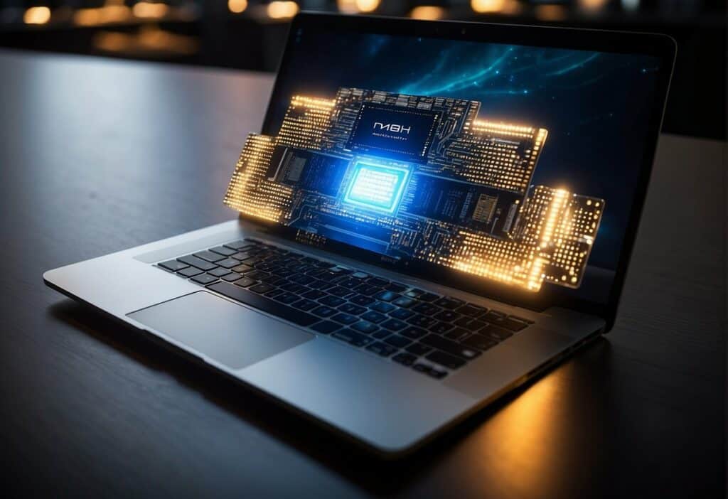 A futuristic chip hovers above a sleek MacBook Air, emitting a glow of advanced technology