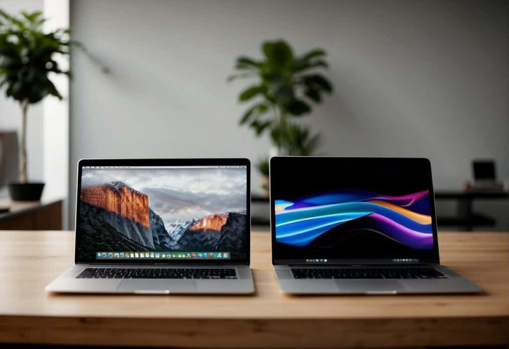 Two laptops side by side on a clean, modern desk. The MacBook Air is sleek and lightweight, while the MacBook Pro is larger and more powerful. The screens are illuminated with high-quality displays