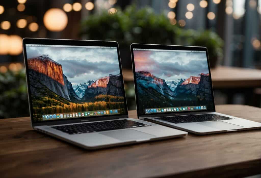 Two laptops side by side, one sleek and thin (MacBook Air), the other slightly thicker with a touch bar (MacBook Pro). Both displaying the Apple logo on the screen