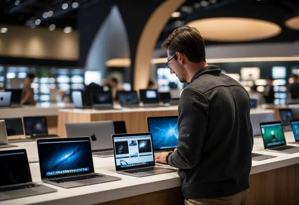 A traveler selects a MacBook Air from a display of laptops in a sleek, modern electronics store