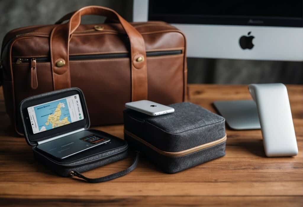 A MacBook Air, charger, and travel case arranged on a wooden table with a passport and map nearby