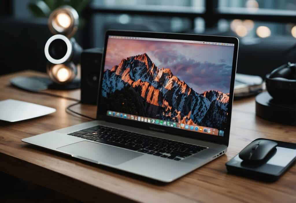 A MacBook Air sits on a desk with multiple Bluetooth devices nearby, such as a keyboard, mouse, and headphones