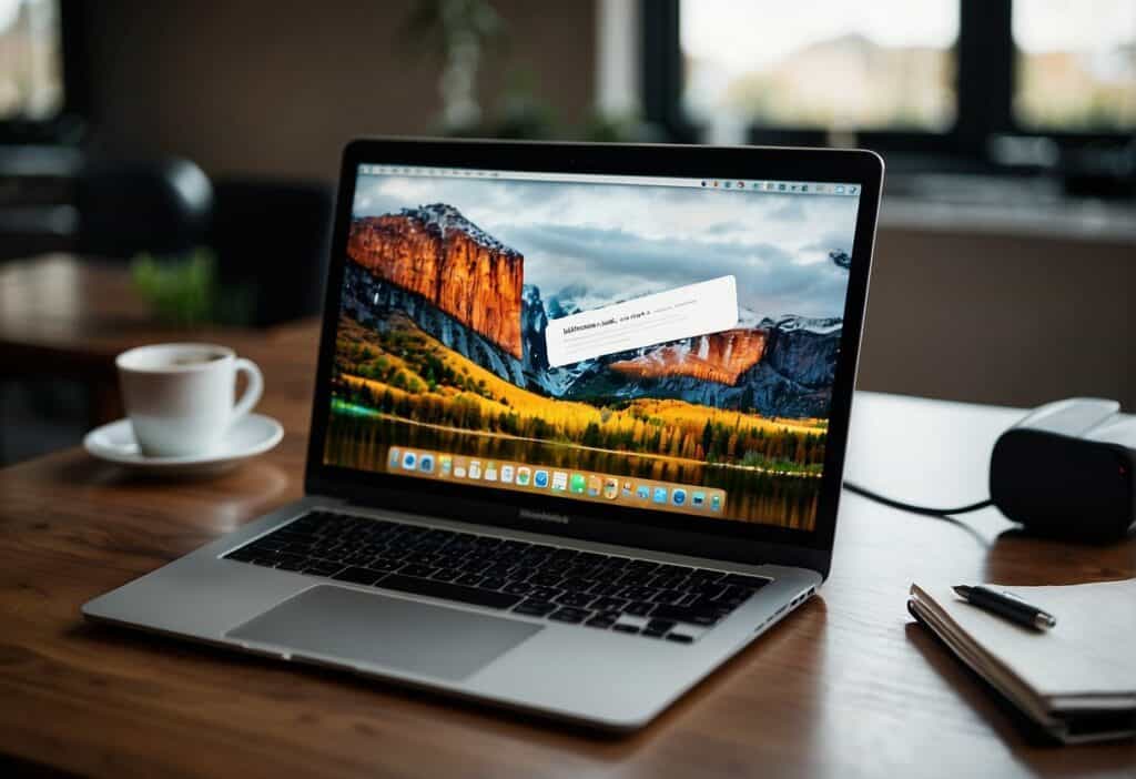 A MacBook Air sits on a desk, with a blank screen and a flashing question mark folder icon. An open manual and a troubleshooting guide are nearby