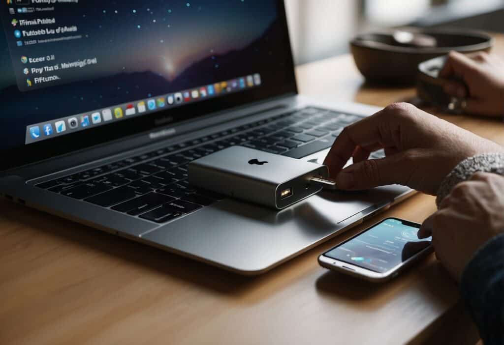 A person plugging in a charger to a MacBook Air with a low battery icon displayed on the screen