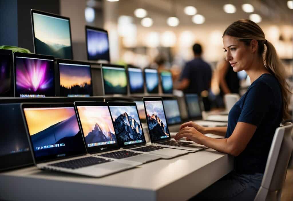A customer browsing through a selection of refurbished MacBook Air laptops on a display table at an electronics store