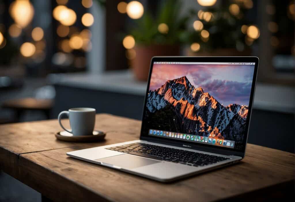 A MacBook Air with a trackpad and mouse settings menu open on the screen, with options to personalize and customize the settings