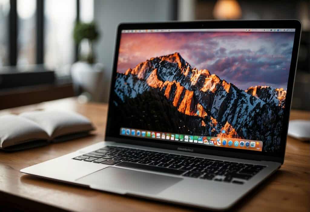 A MacBook Air sits on a desk, with the screen displaying system settings. The brightness is lowered, and energy-saving features are activated to extend battery life