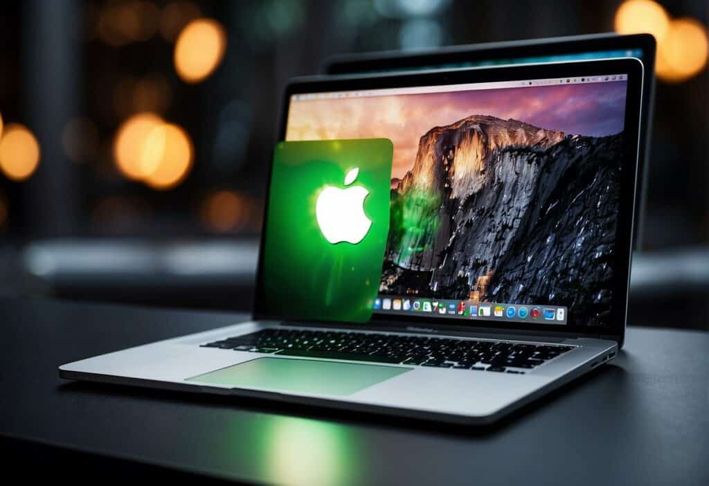 A MacBook Air plugged into a power source with a battery icon showing full charge and a green light indicating optimal battery health